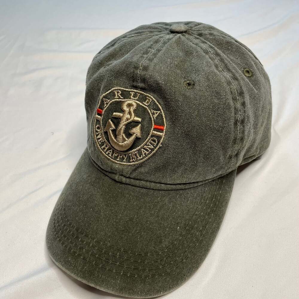 Aruba One Happy Island Anchor Logo Adjustable Baseball Hat Cap Olive Green